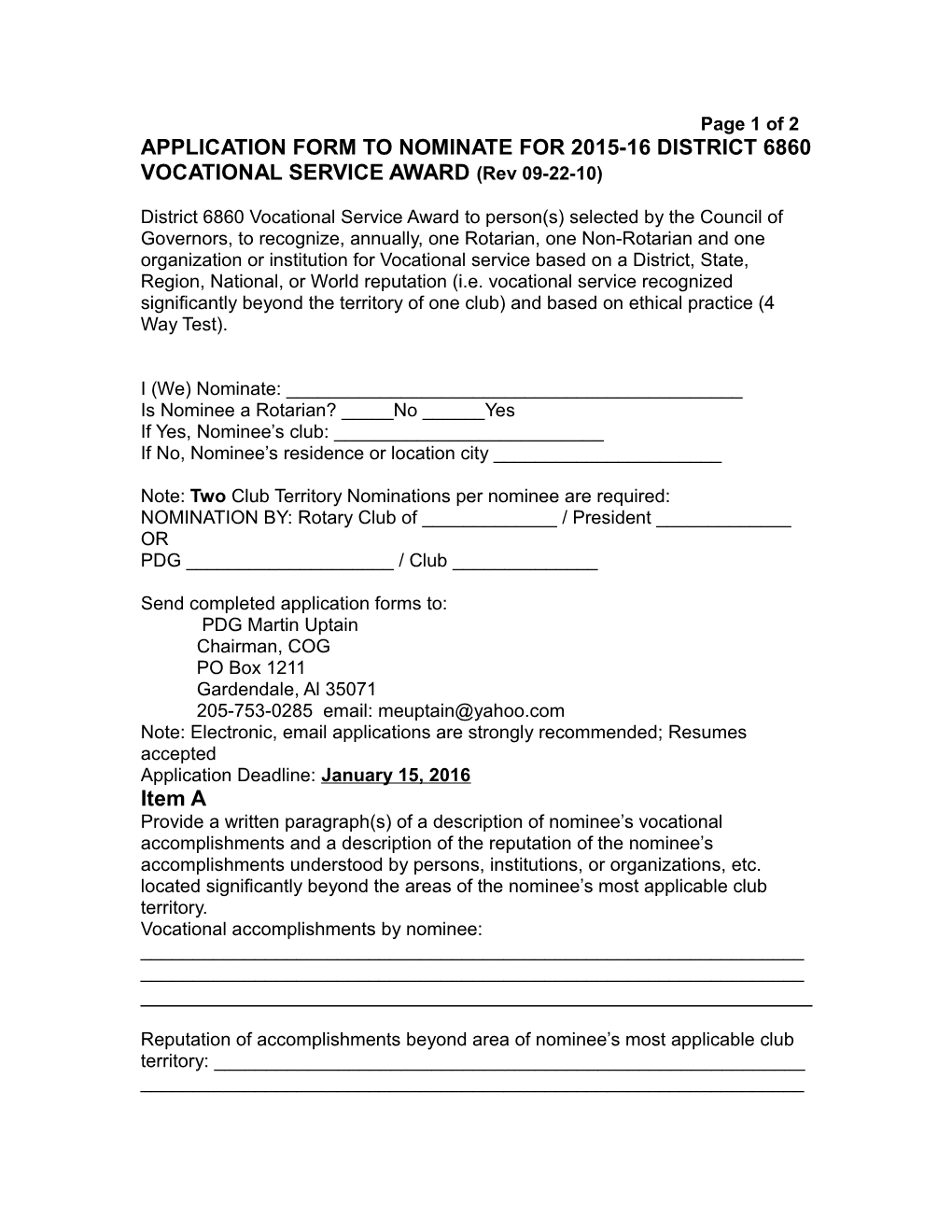 APPLICATION FORM to NOMINATE for 2015-16 DISTRICT 6860 VOCATIONAL SERVICE AWARD (Rev 09-22-10)