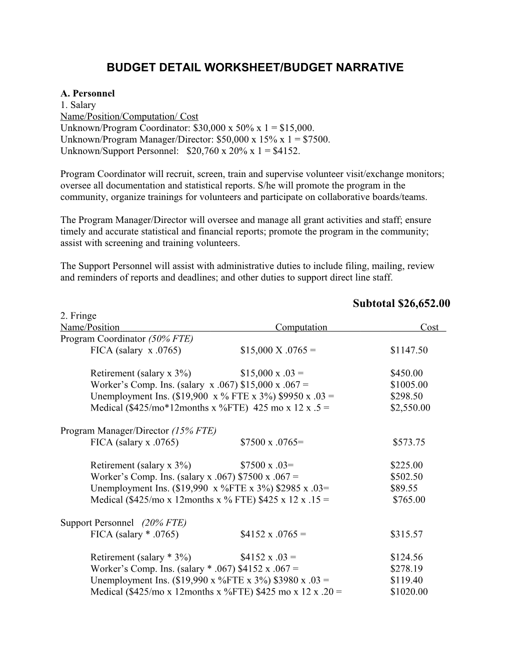 Budget Detail Worksheet/Budget Narrative