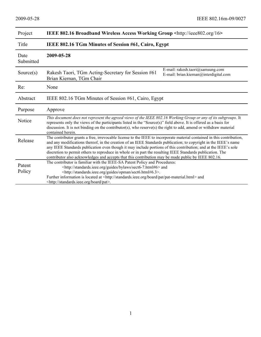 IEEE 802.16 Tgm Minutes Session #61, Cairo, Egypt