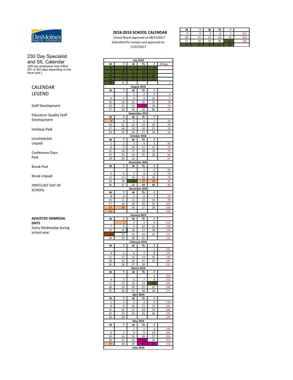 230 Day Specialist and Silcalendar