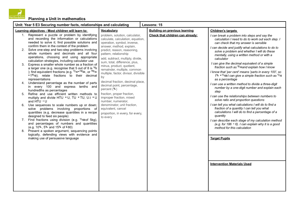 Unit: Year 5 E3 Securing Number Facts, Relationships and Calculating