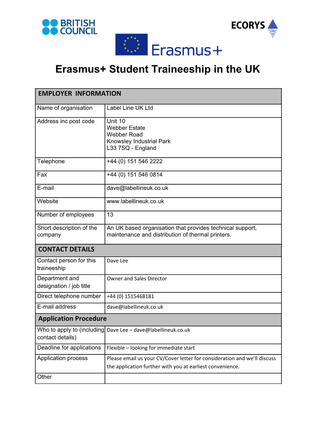 Erasmus+Student Traineeship in the UK