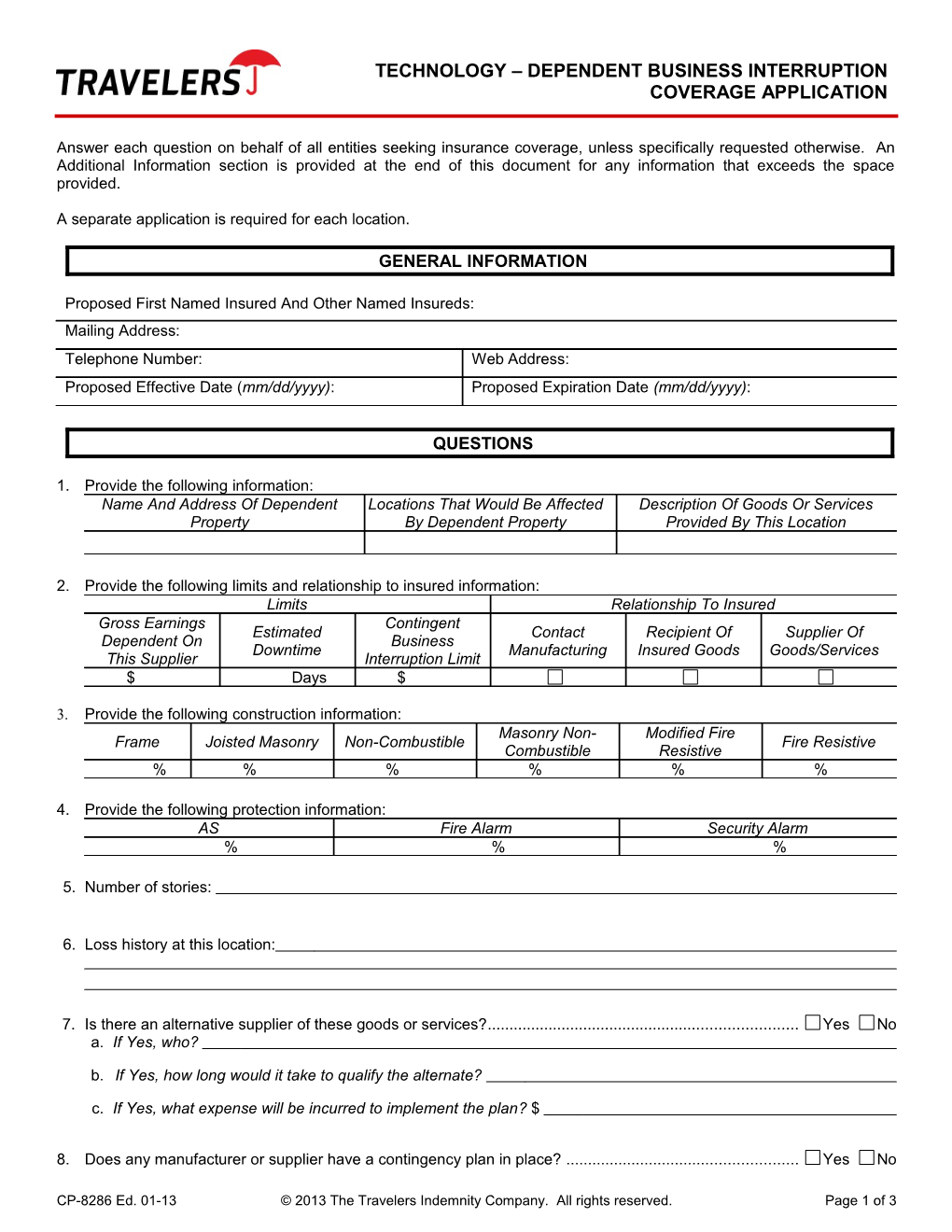 Technology - Dependent Business Interruption Coverage Application