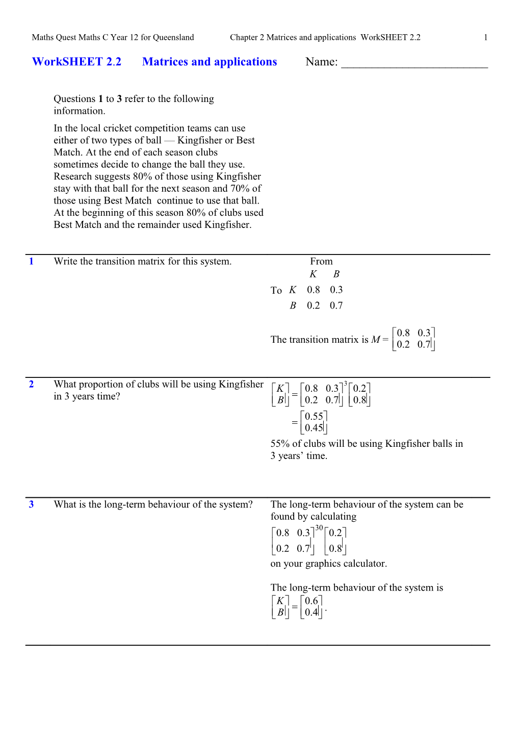 Maths Quest Maths C Year 12 for Queensland Chapter 2 Matrices and Applications Worksheet 2.2 2