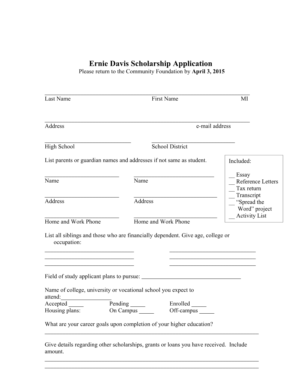Ernie Davis Scholarship Application