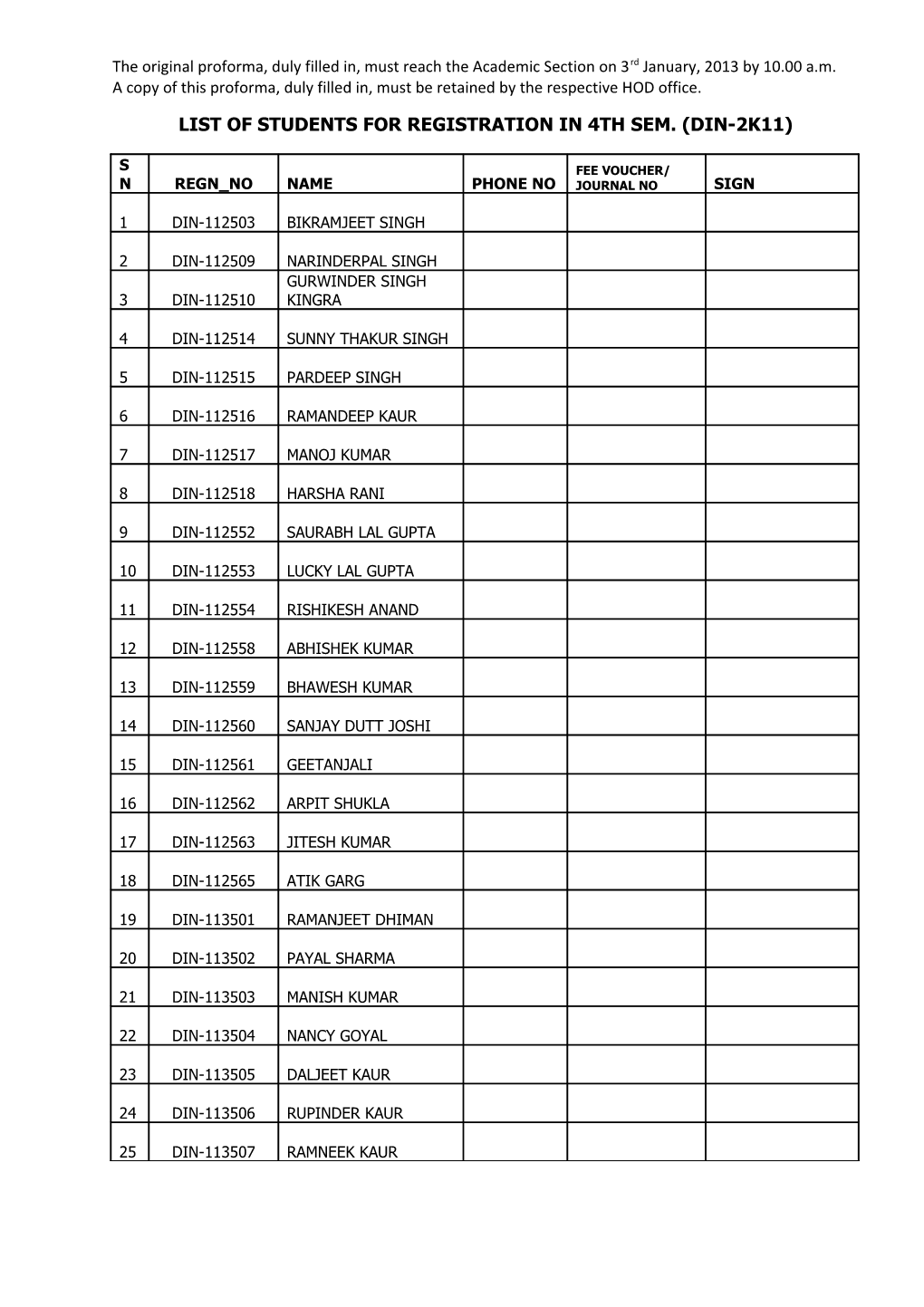List of Students for Registration in 4Th Sem. (Din-2K11)