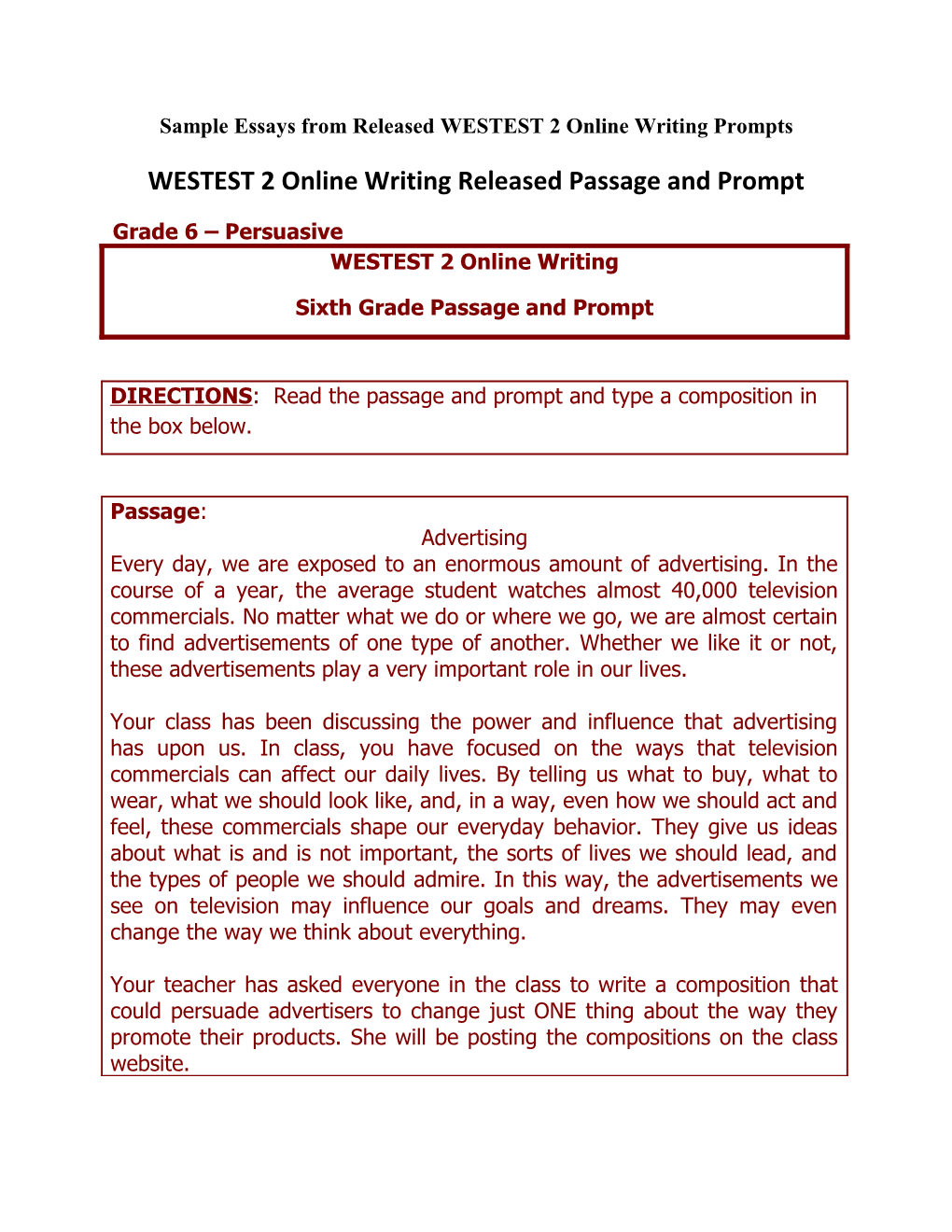 Sample Essays from Released WESTEST 2 Online Writing Prompts