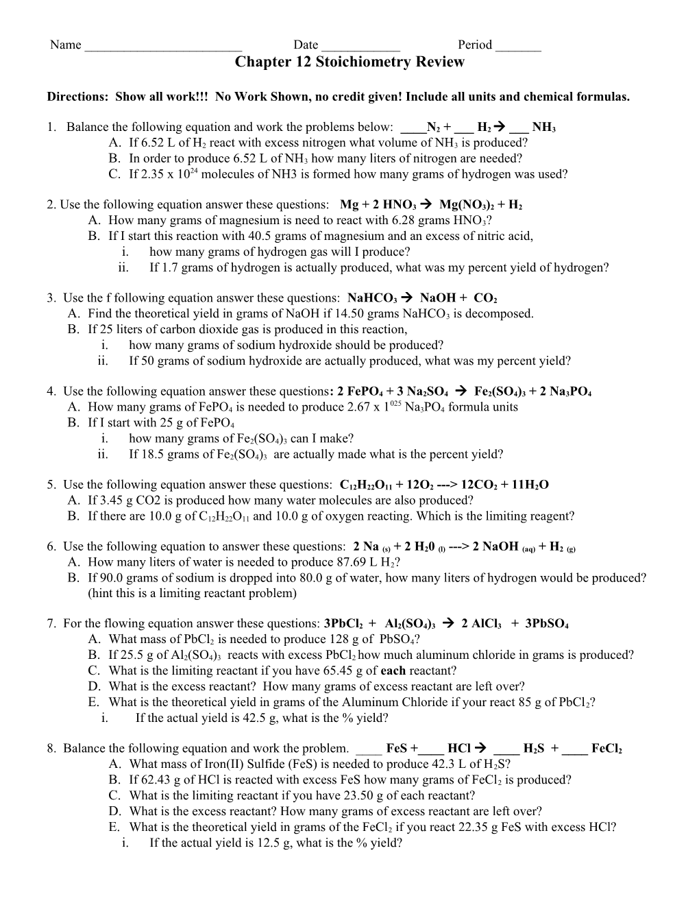 Chemistry Test Ch 11 Stoichiometry