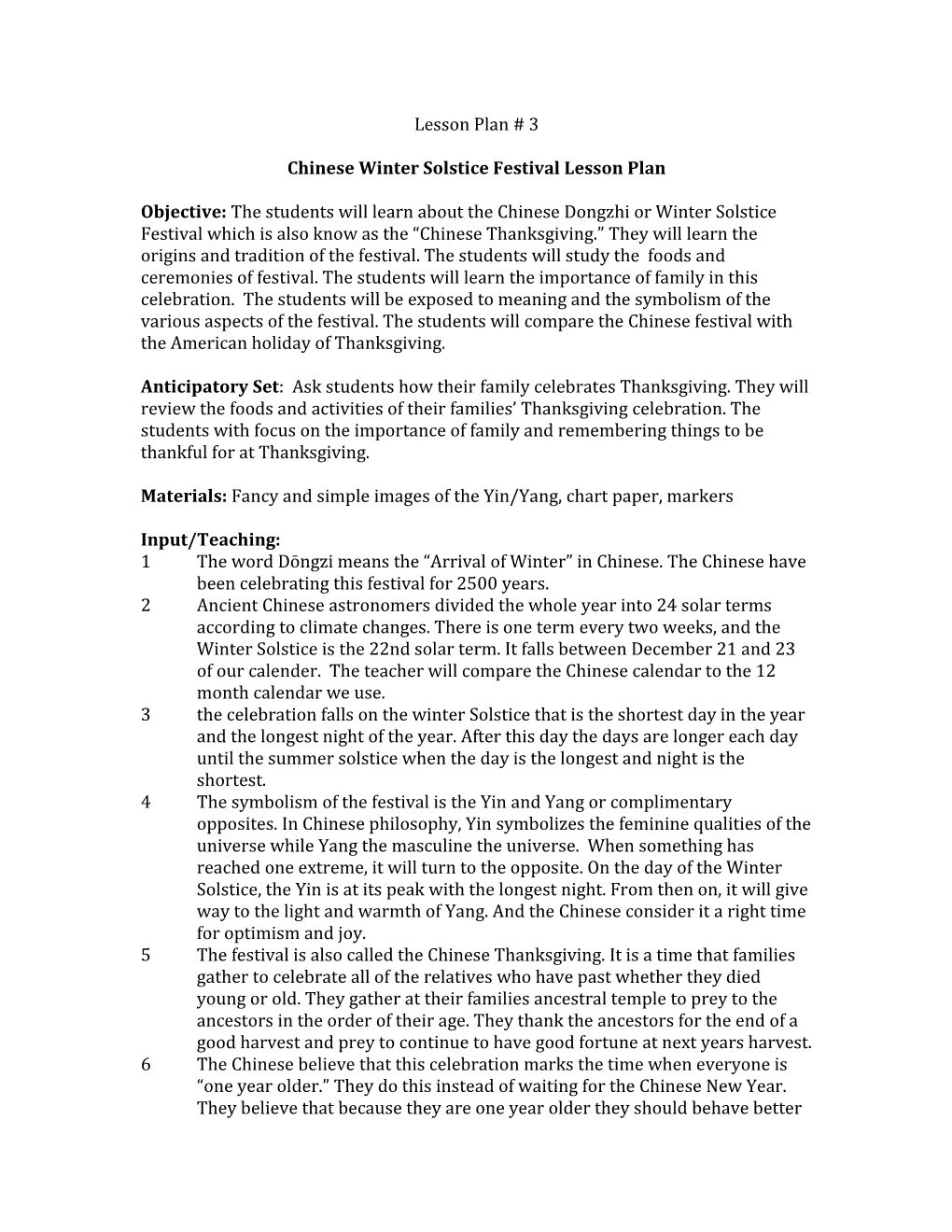 Chinese Winter Solstice Festival Lesson Plan