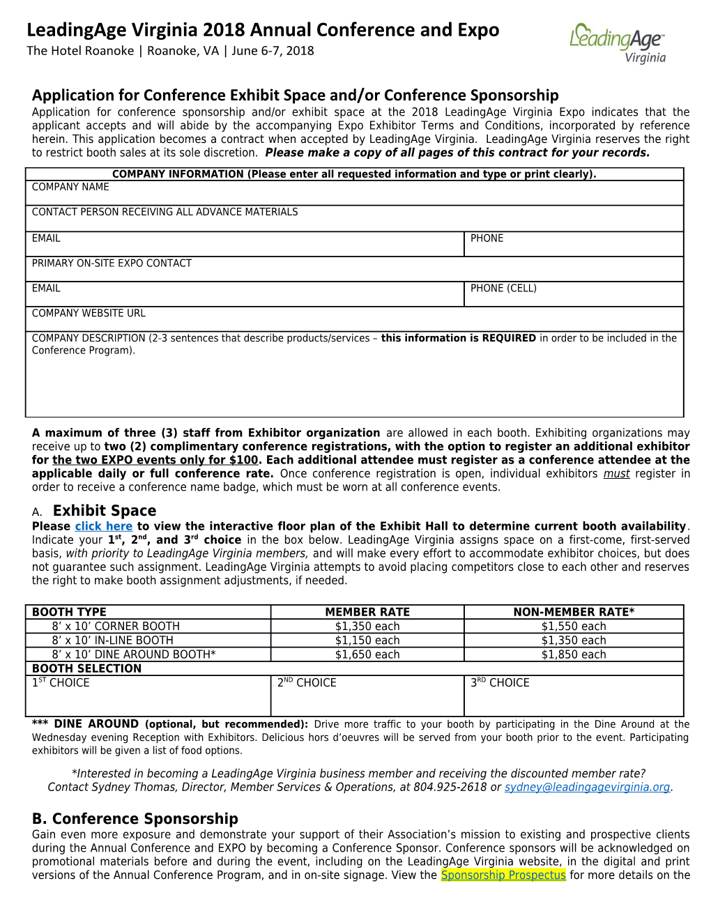 Application for Conference Exhibit Space And/Or Conference Sponsorship