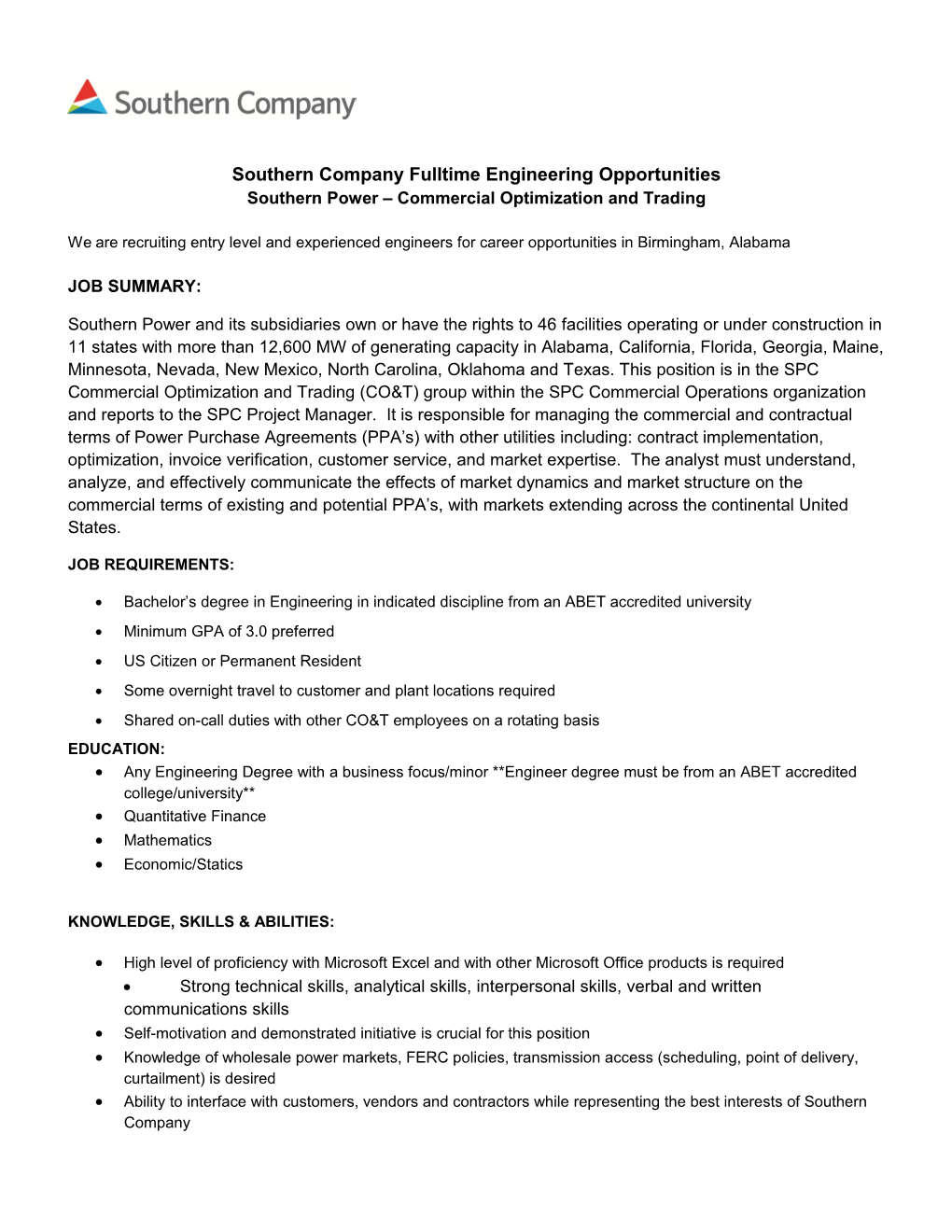 Southern Company Fulltime Engineering Opportunities