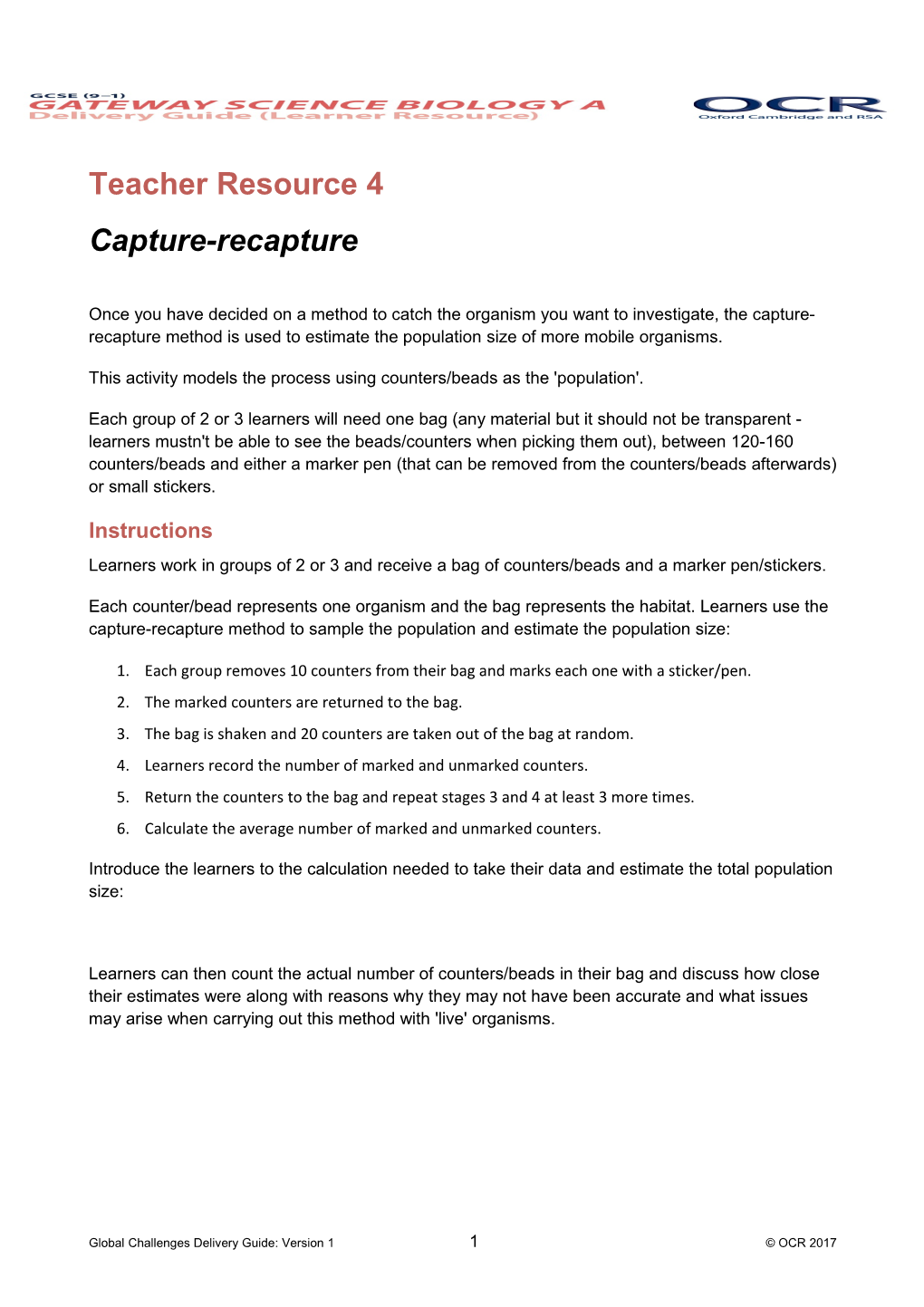 Teacher Resource 4: Capture-Recapture