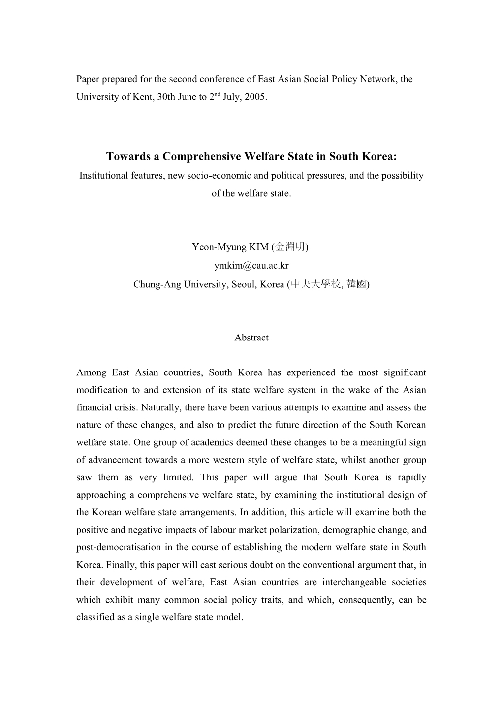 Towards a Comprehensive Welfare State in South Korea