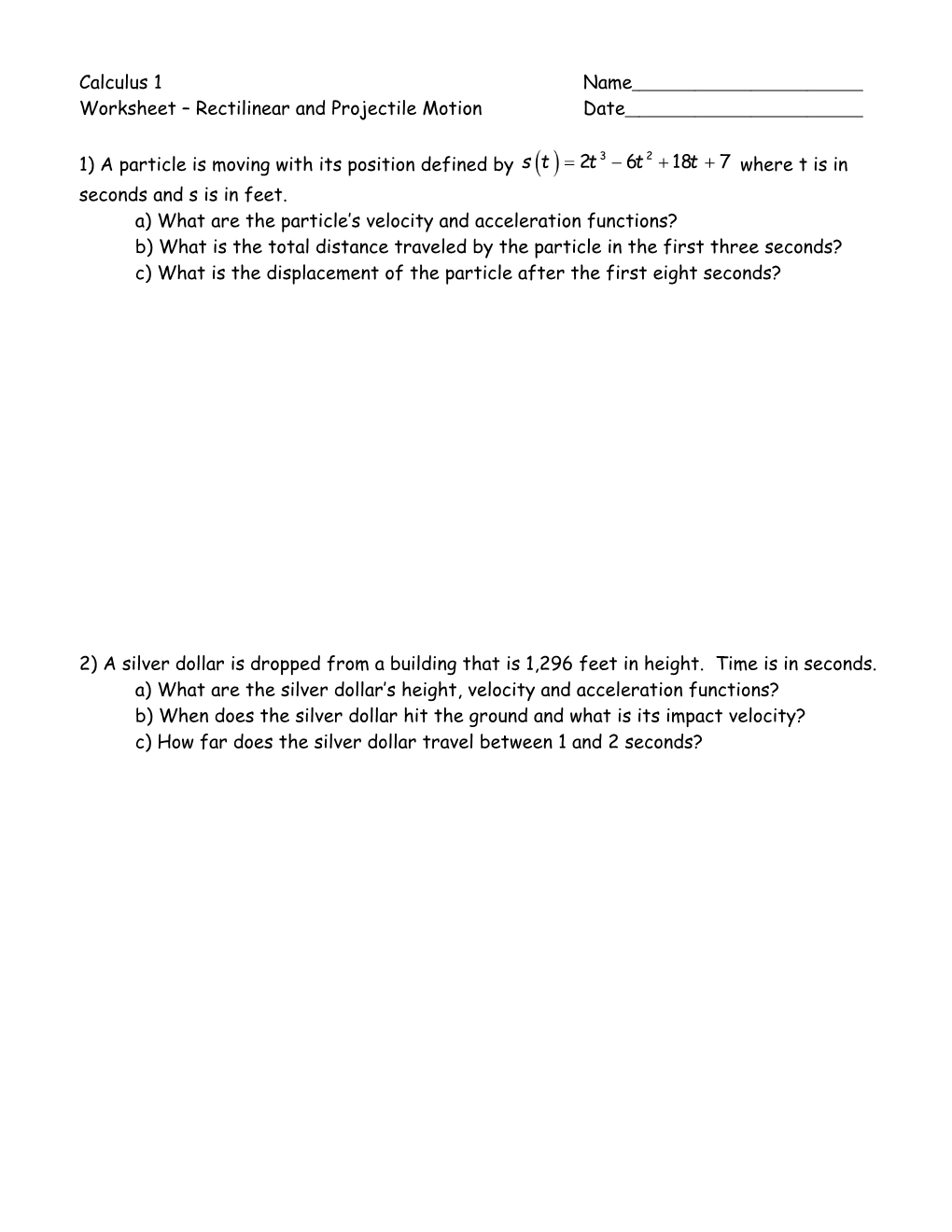 Worksheet Rectilinear and Projectile Motiondate