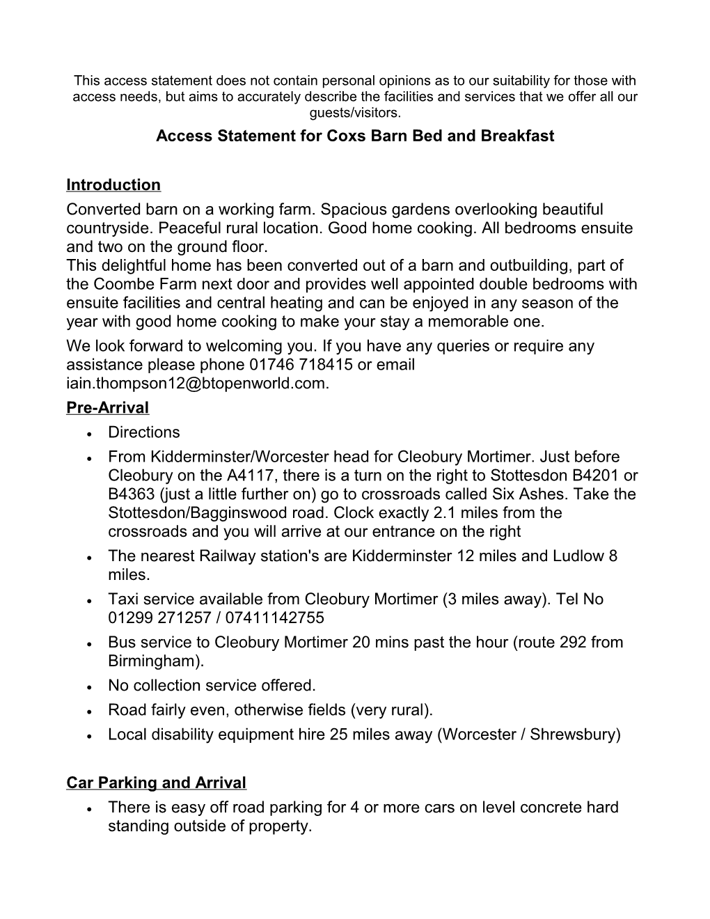 Access Statement for Coxs Barn Bed and Breakfast