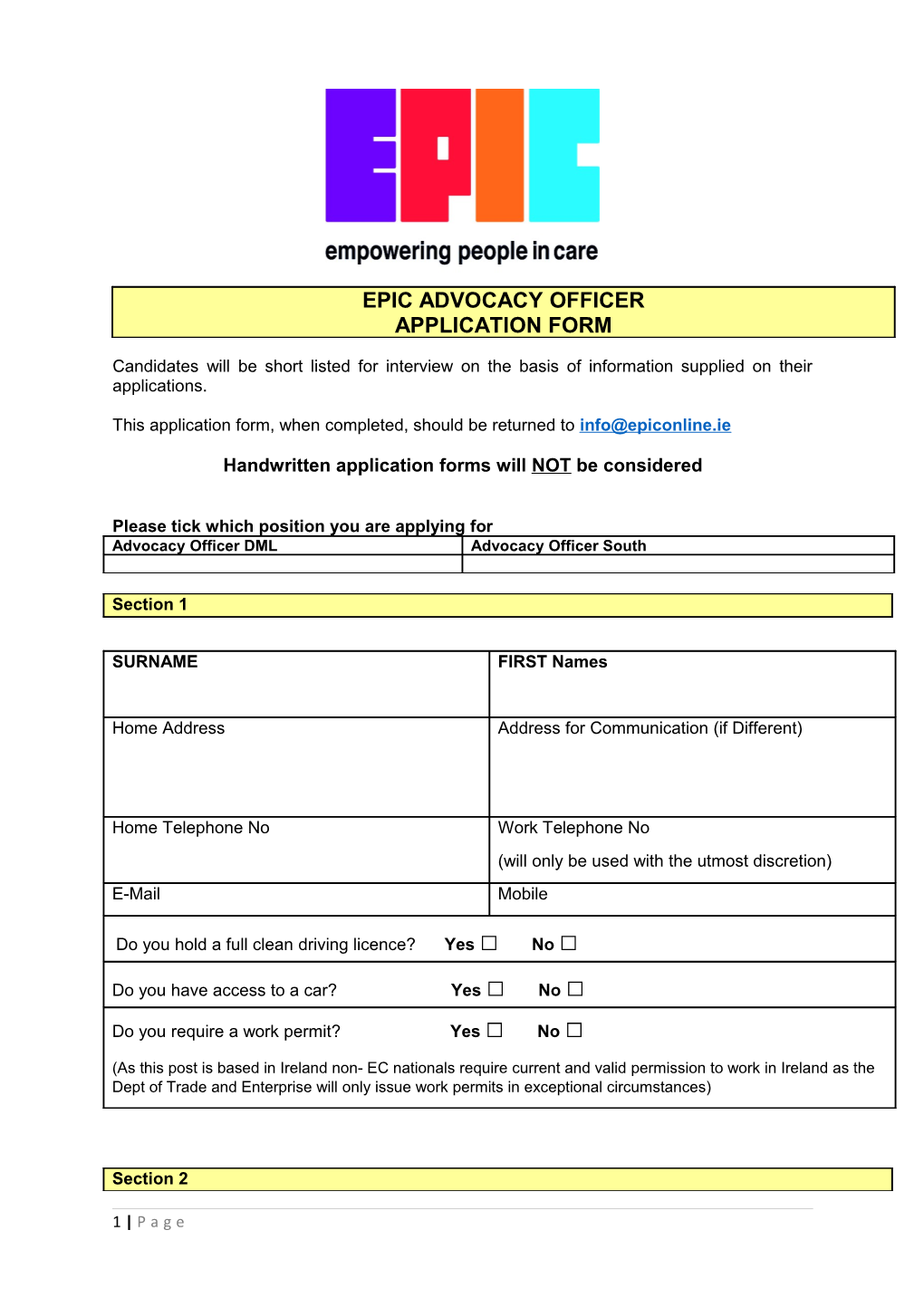 Handwritten Application Forms Will NOT Be Considered