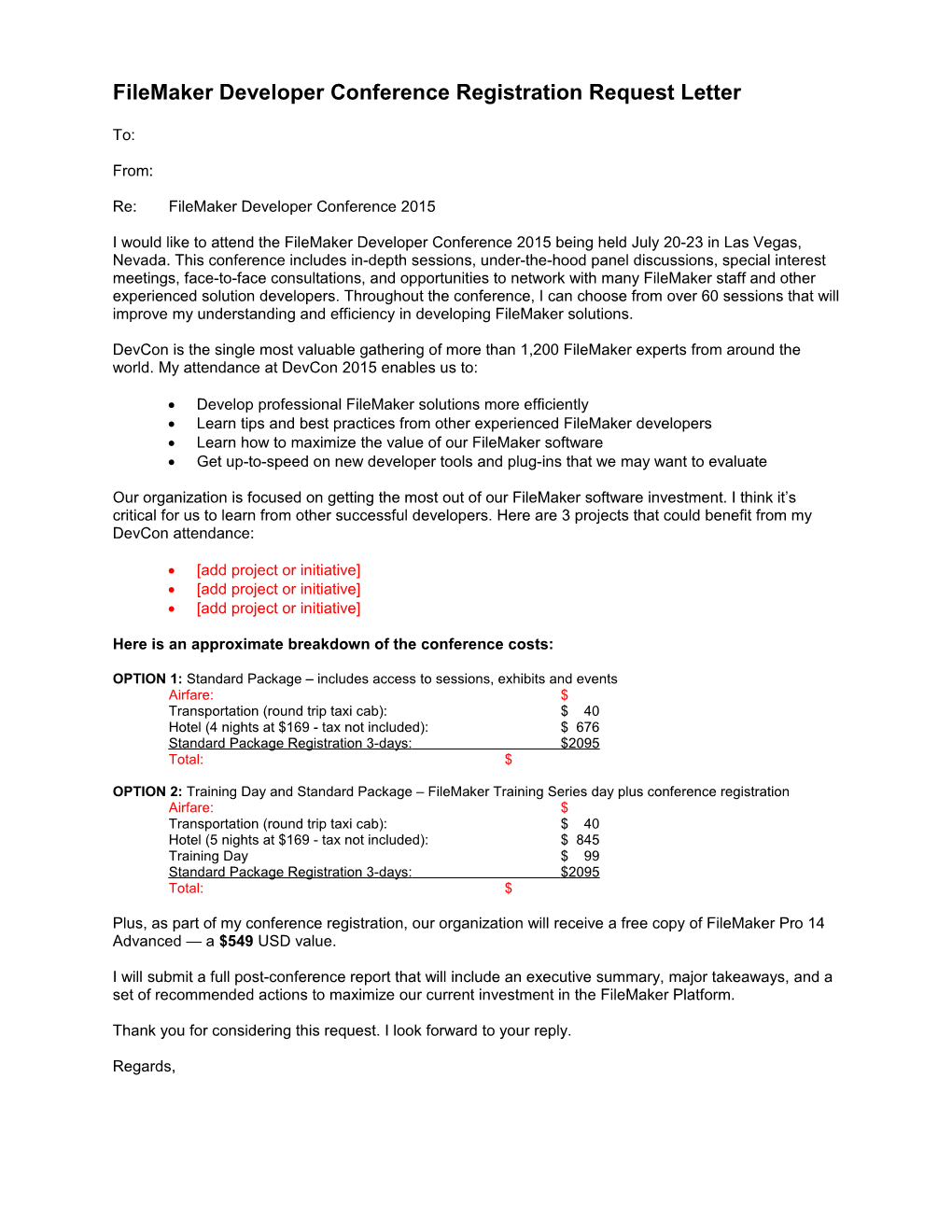 Filemaker Developer Conference Registration Request Letter