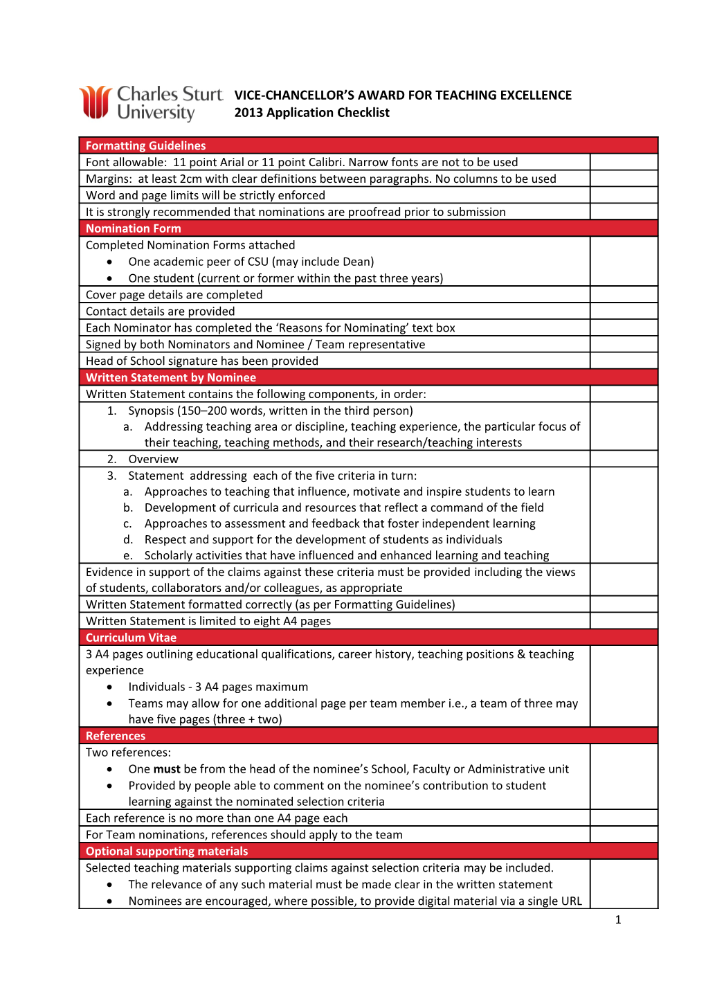 2013 Application Checklist