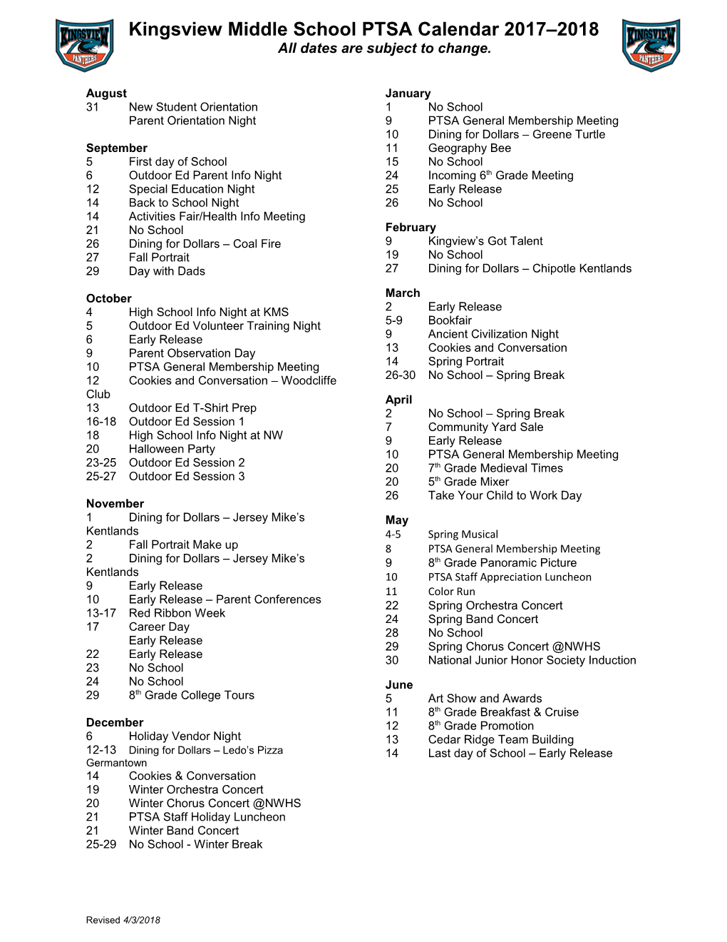 Kingsview Middle School PTSA Calendar 2017 2018