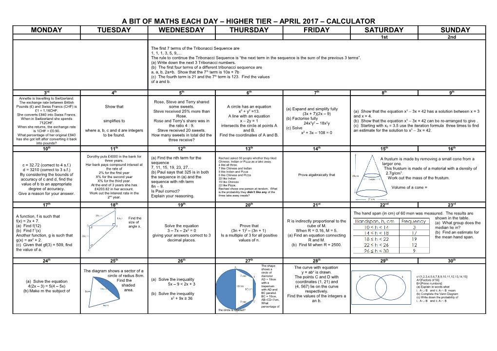 A Bit of Maths Each Day Higher Tier April 2017 Calculator