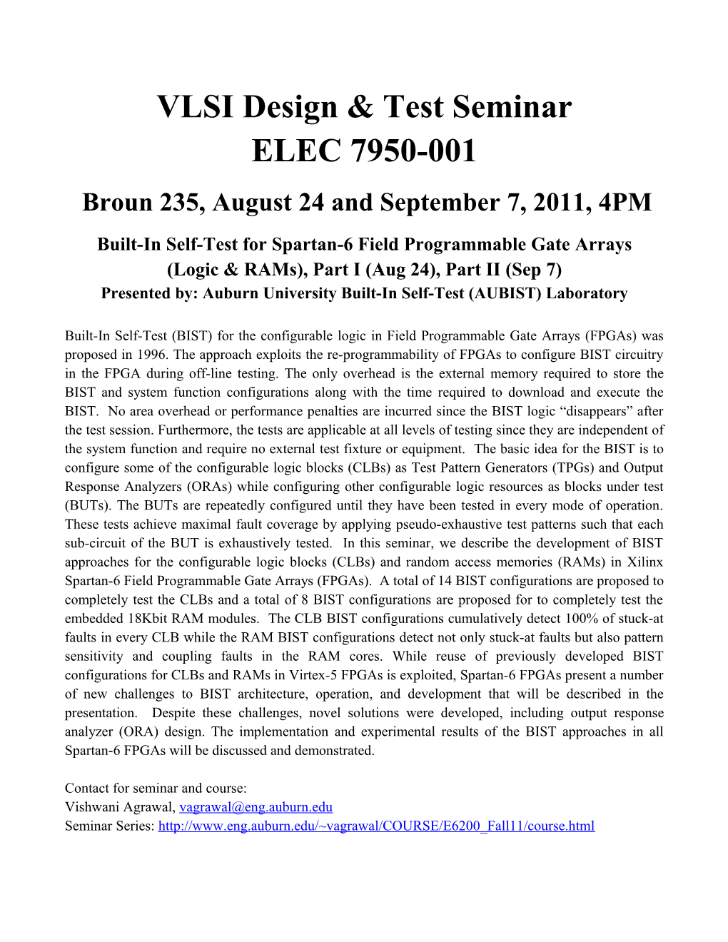 VLSI Design & Test Seminar ELEC 7950-001