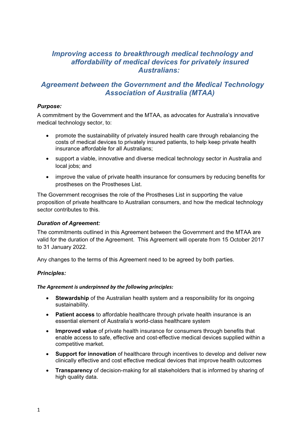 Agreement Between the Government and the Medical Technology Association of Australia (MTAA)