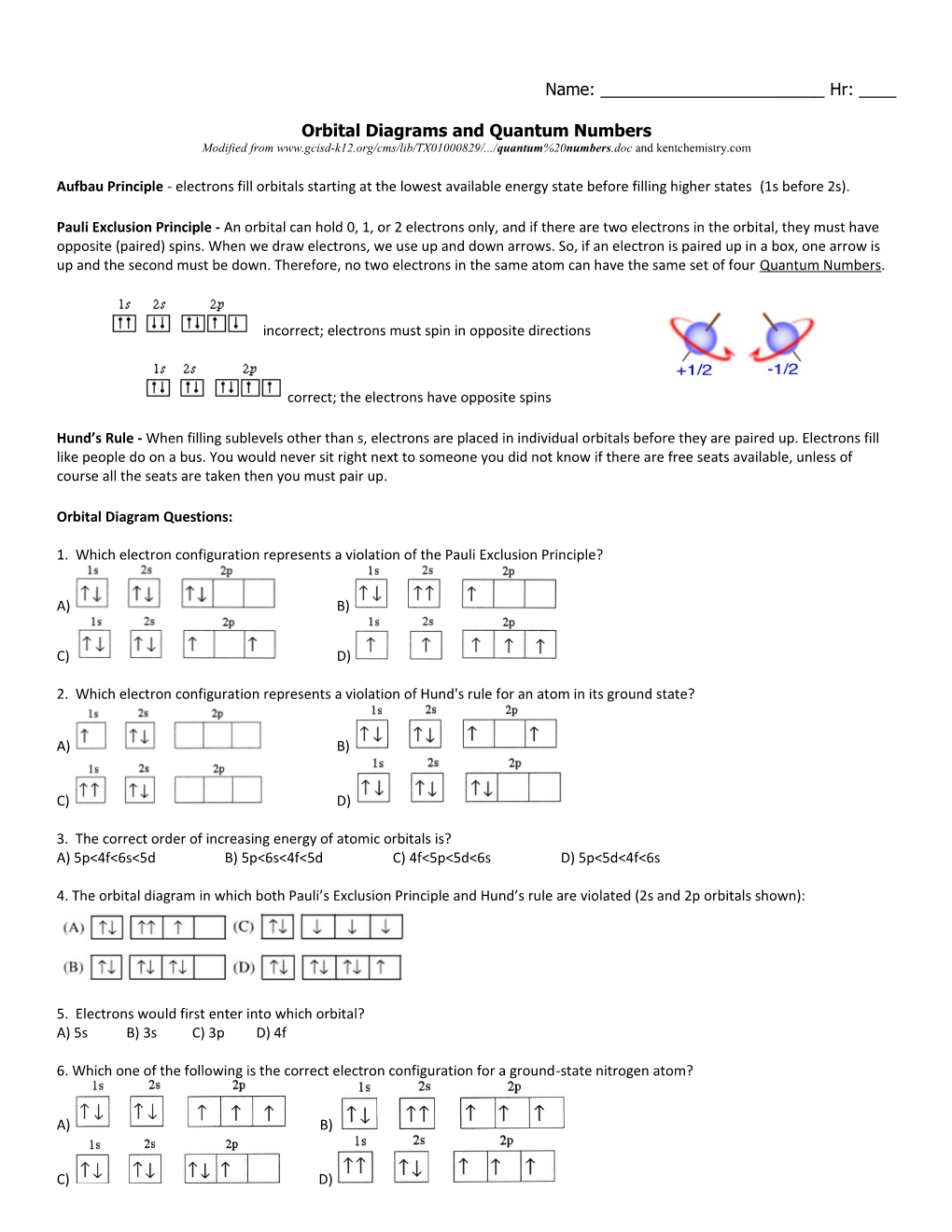 Worksheet Quantum Numbers