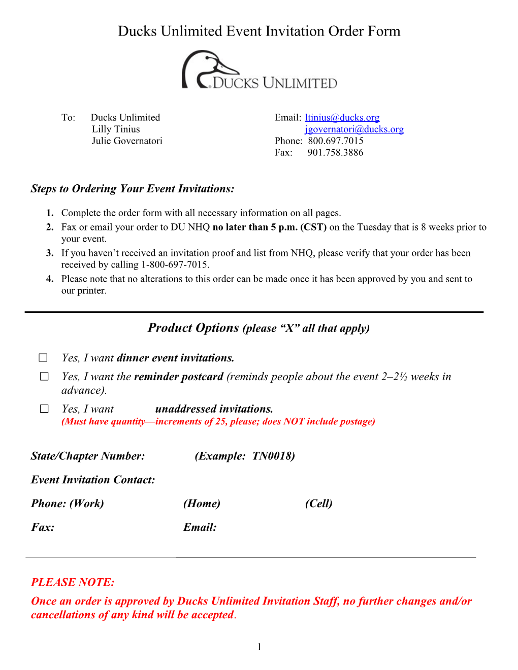 Ducks Unlimited Event Invitation Order Form