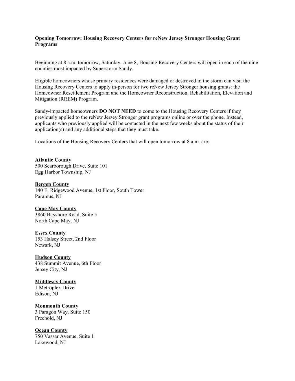 Opening Tomorrow: Housing Recovery Centers for Renew Jersey Stronger Housing Grant Programs