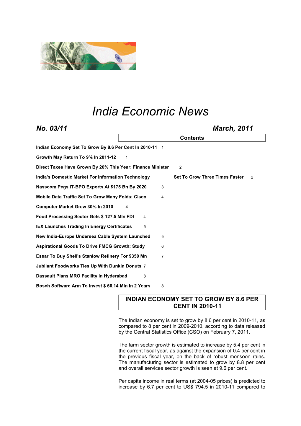 Indian Economy Set to Grow by 8.6 Per Cent in 2010-11