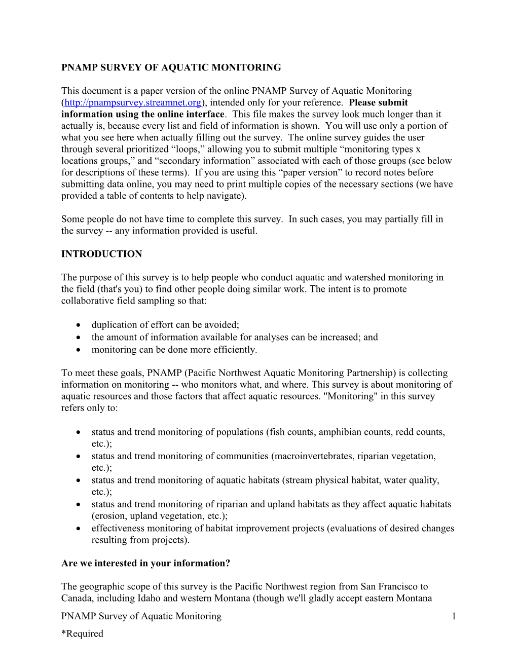 Pnamp Survey of Aquatic Monitoring