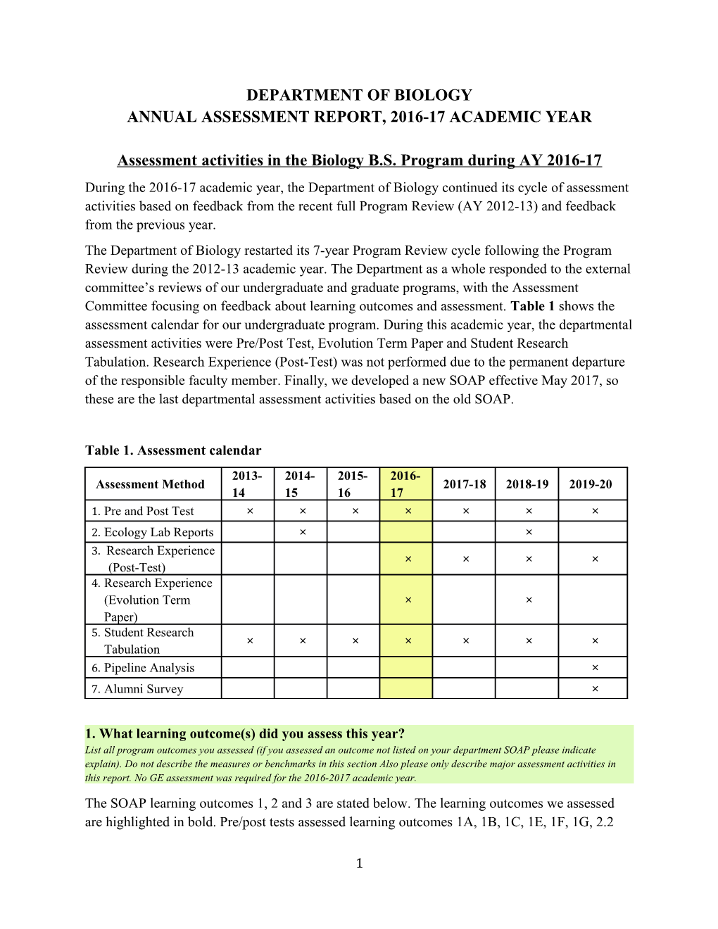 Annual Assessment Report, 2016-17 Academic Year