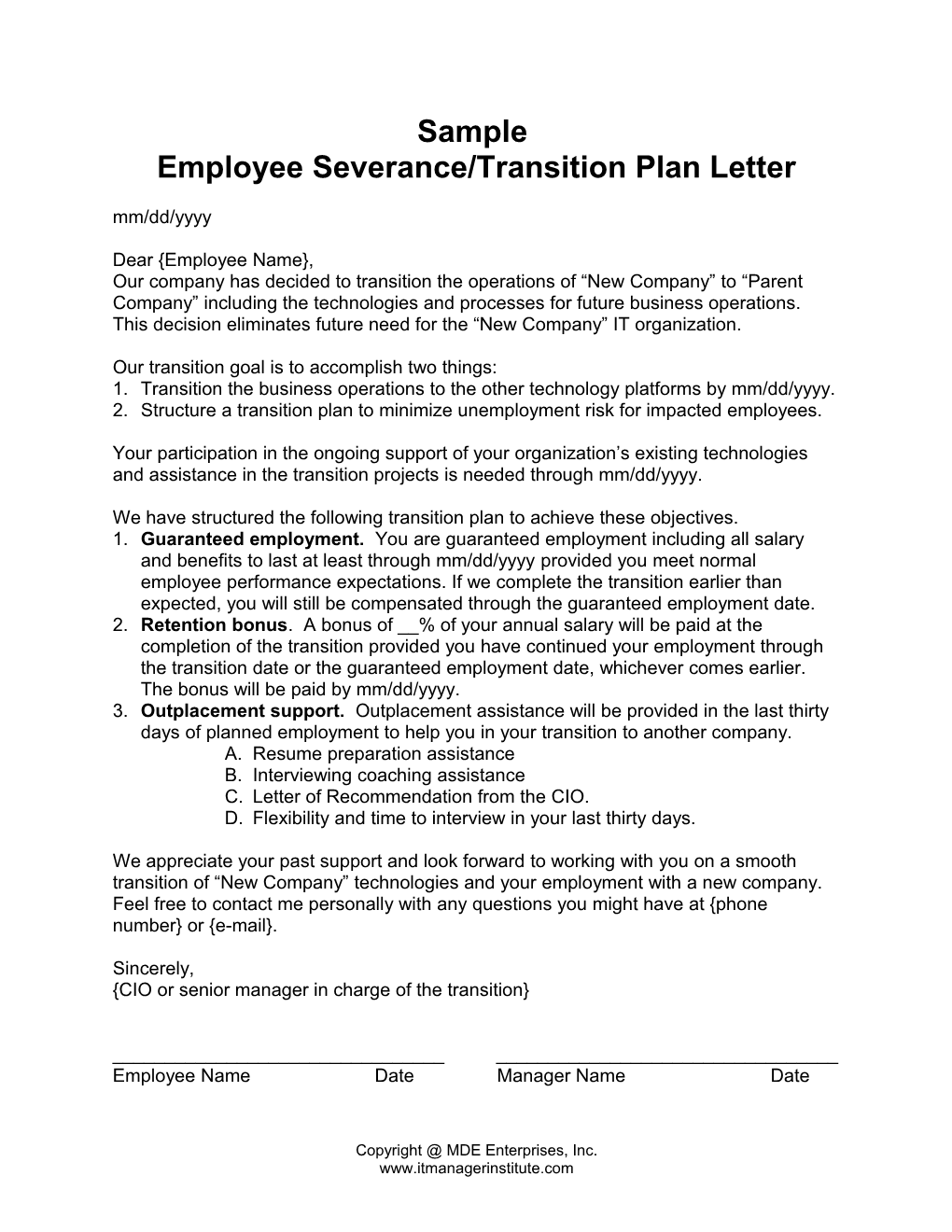 Sample Employee Severance/Transition Plan Letter