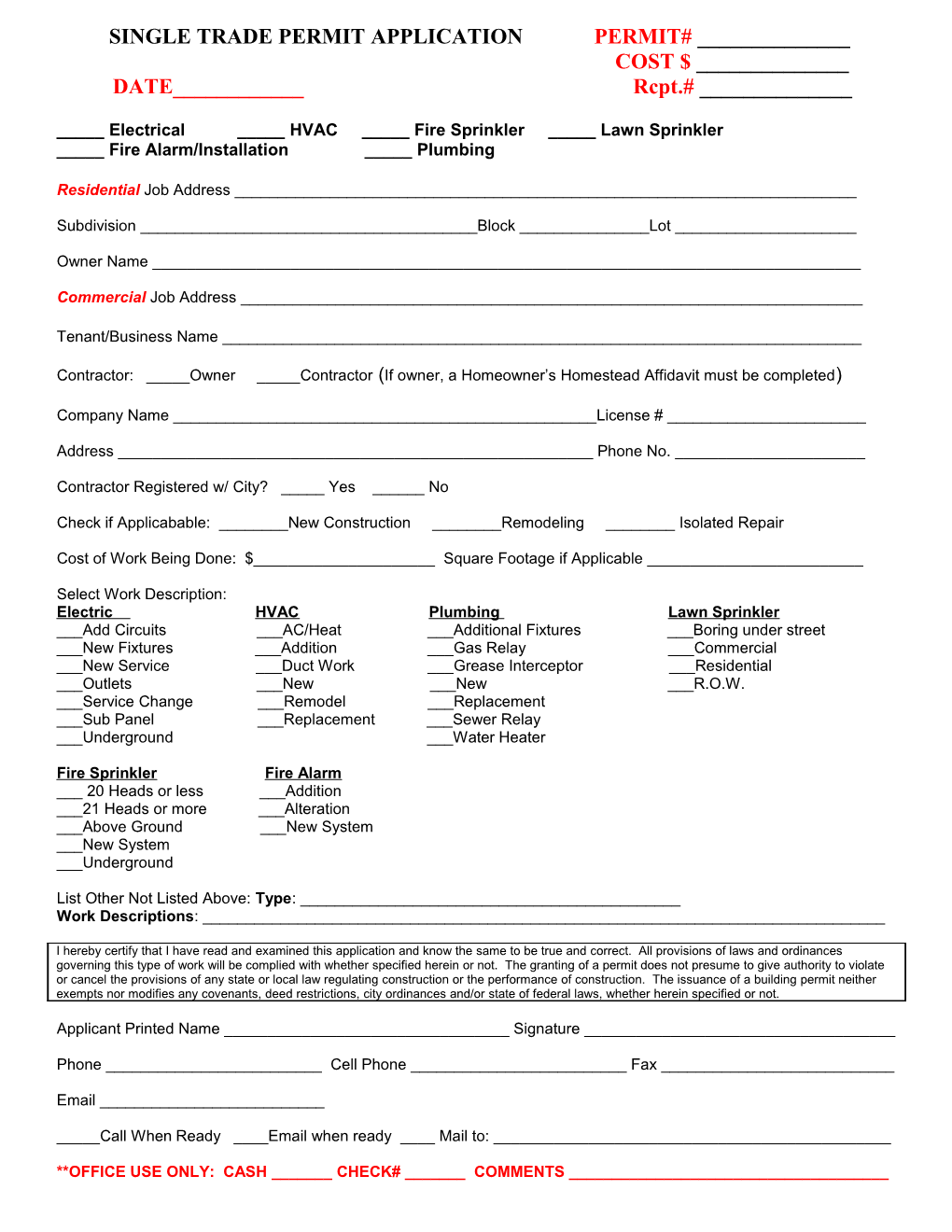 Single Trade Permit Application