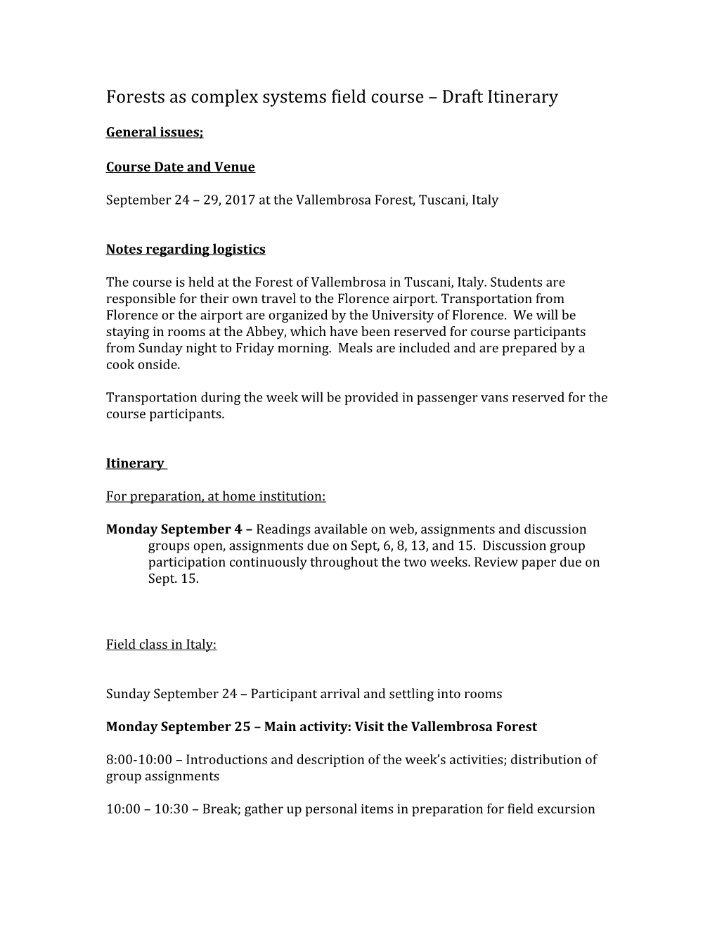 Forests As Complex Systems Field Course Draft Itinerary