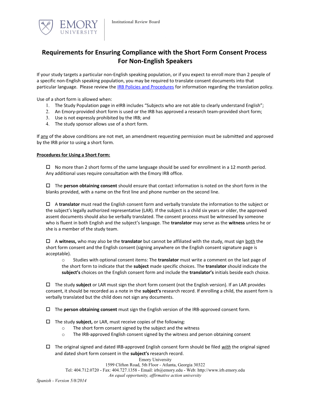 Requirements for Ensuring Compliance with the Short Form Consent Process s1