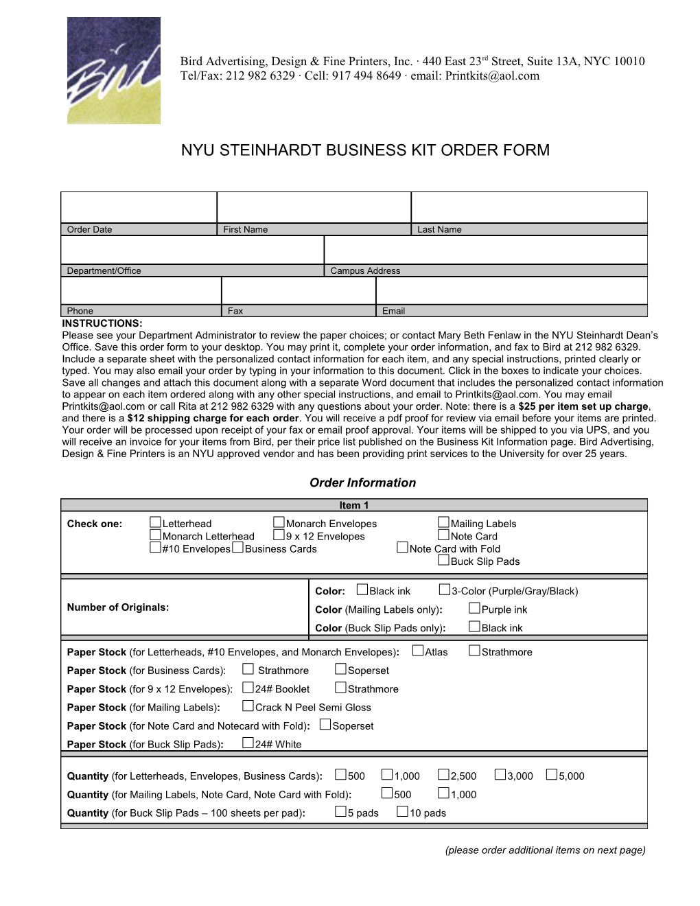 NYU Steinhardt Business Kit Order Form