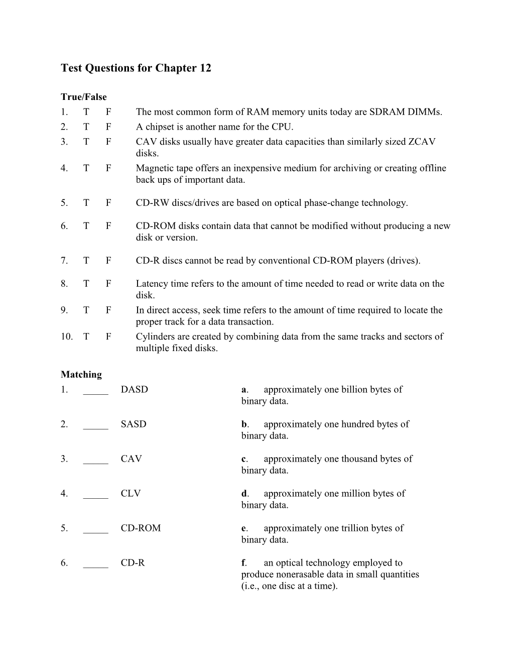 Test Questions for Chapter 5