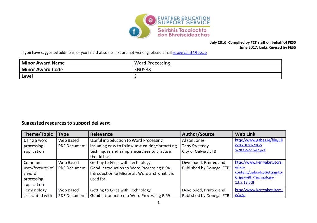 July 2016: Compiled by FET Staff on Behalf of FESS