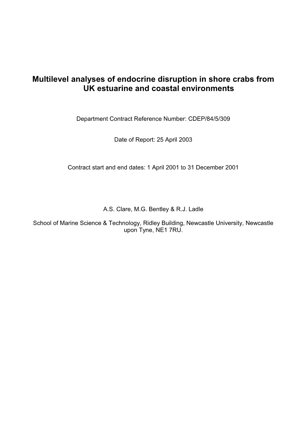 Multilevel Analyses of Endocrine Disruption in Shore Crabs from UK Estuarine and Coastal