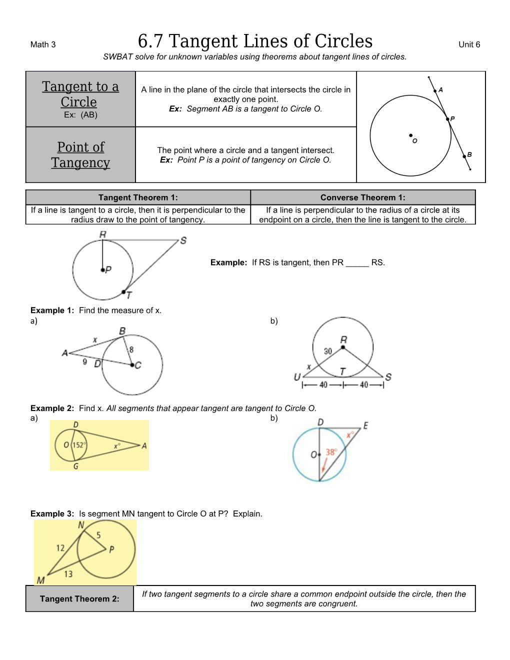 Math 36.7 Tangent Lines of Circlesunit 6