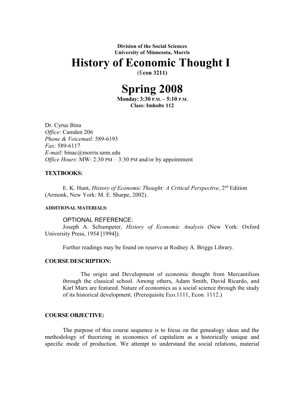 History of Economic Thought I: Syllabus