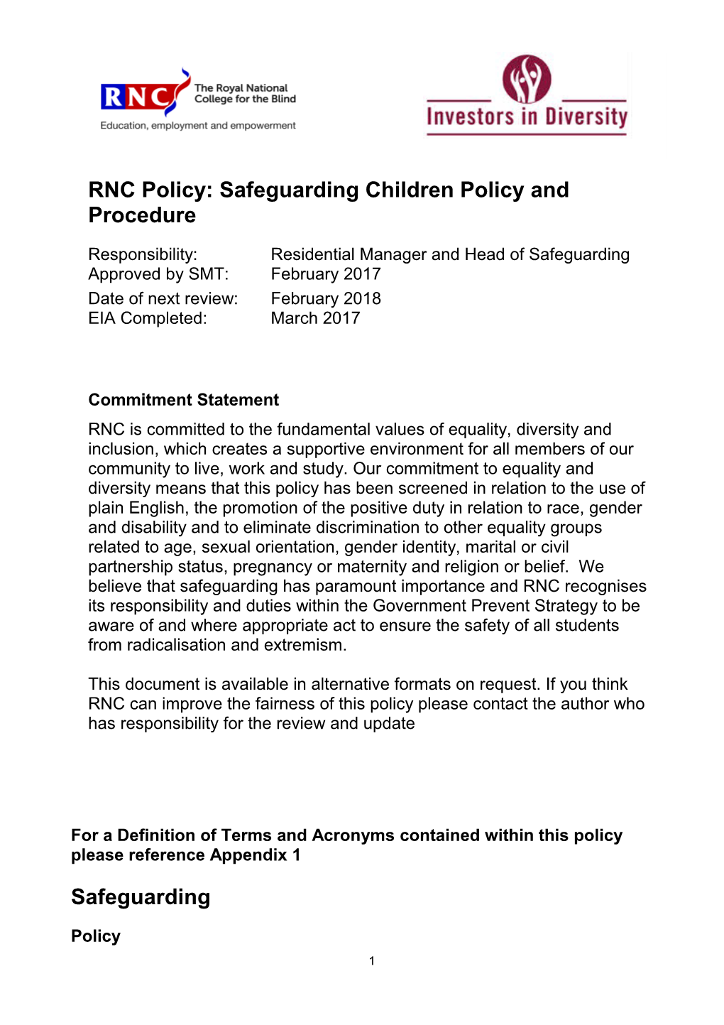 RNC Policy: Safeguarding Children Policy and Procedure