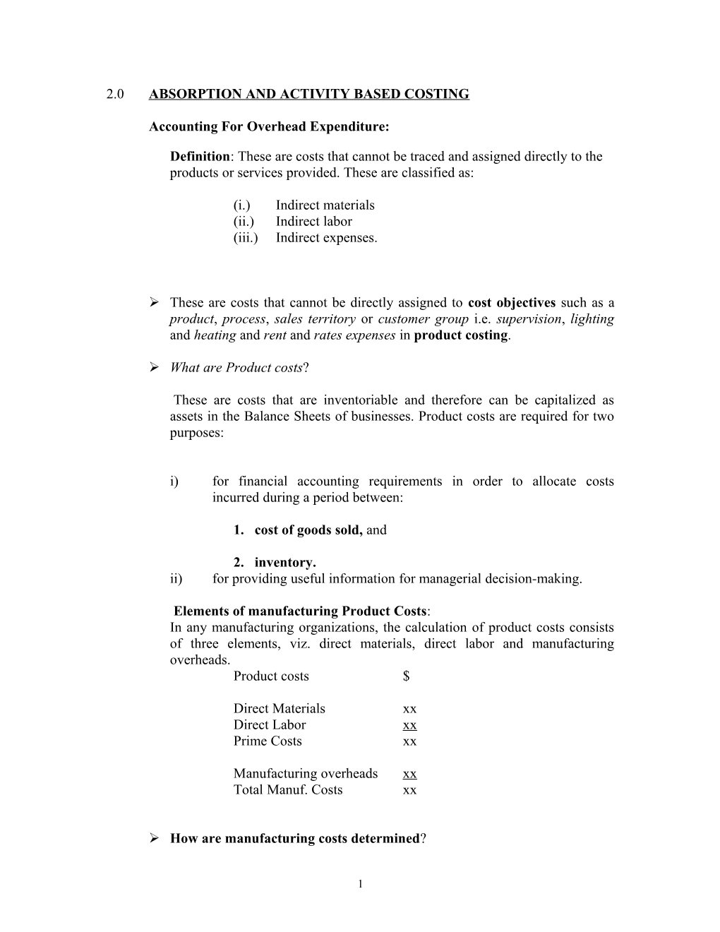 2.0 Absorption and Activity Based Costing