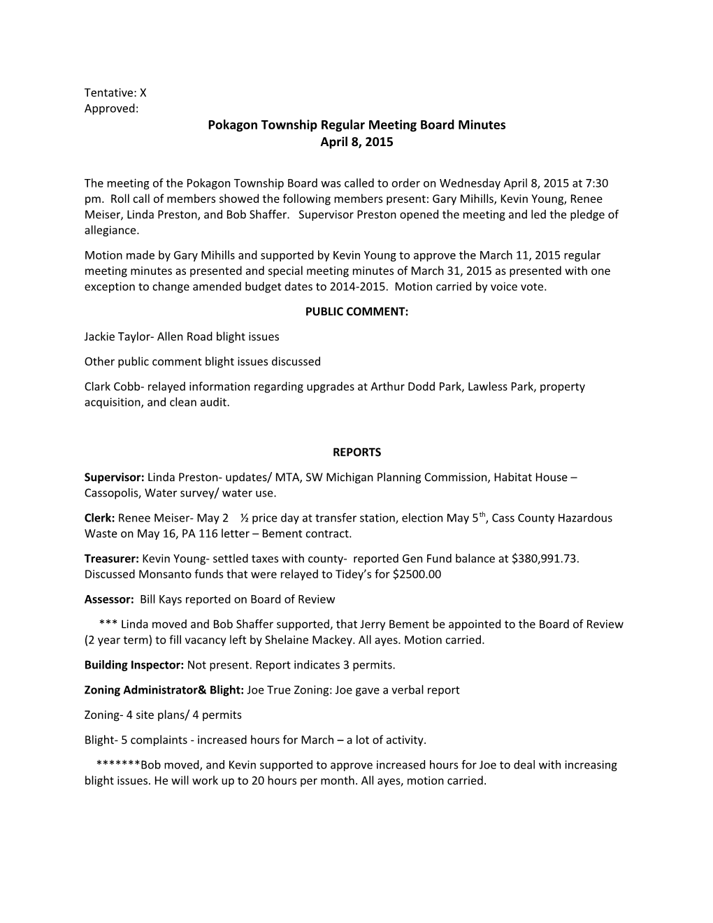 Pokagon Township Regular Meeting Board Minutes