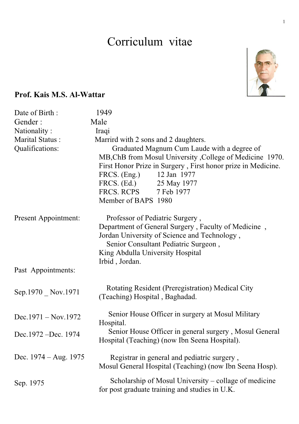 C.V. of Dr. Kais Al-Wattar