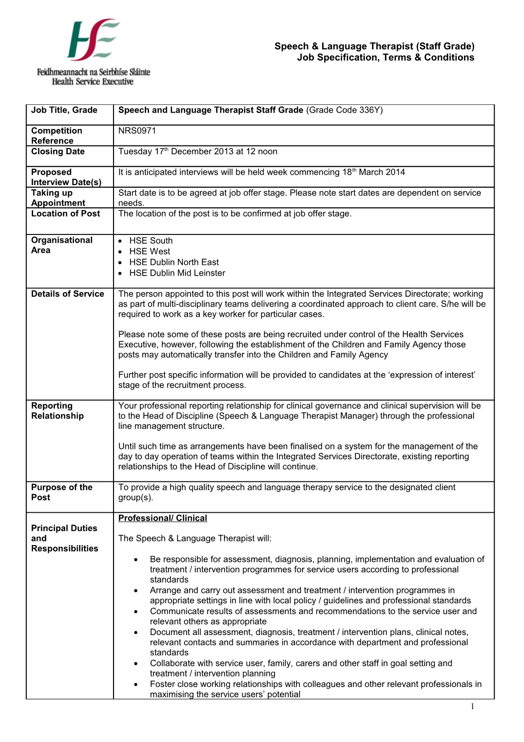 Speech & Language Therapist (Senior Grade) Job Specification, Terms & Conditions