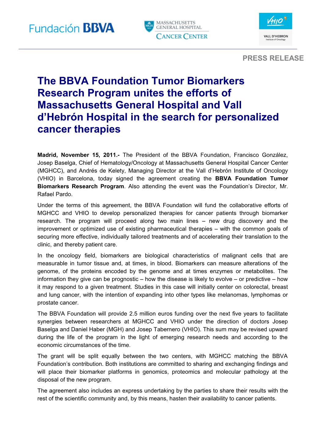 The BBVA Foundation Tumor Biomarkers Research Program Unites the Efforts of Massachusetts