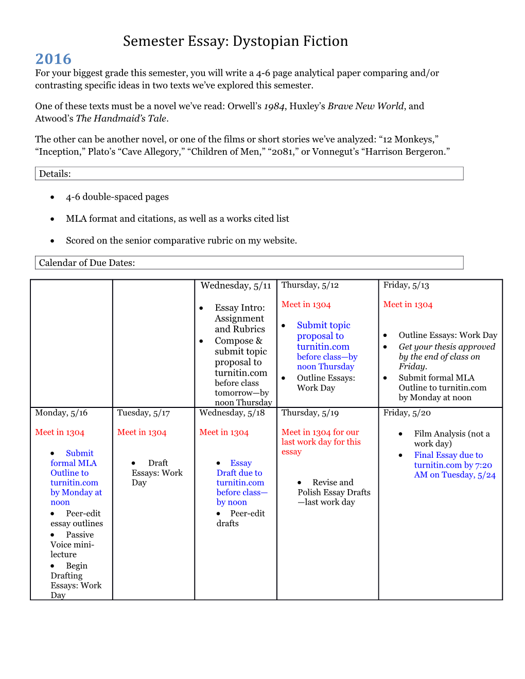 Semester Essay: Dystopian Fiction