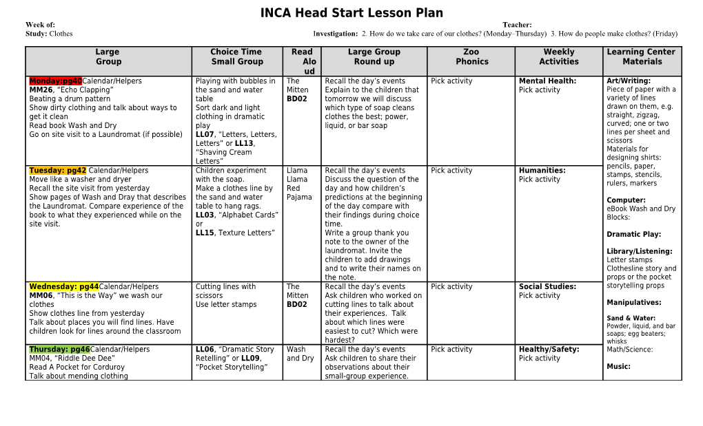 Washita Valley CAC Head Start Lesson Plan